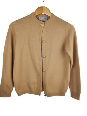 VINTAGE Ballantyne 100% Cashmere Cardigan Scotland Gold Buttons Tan MED. #252